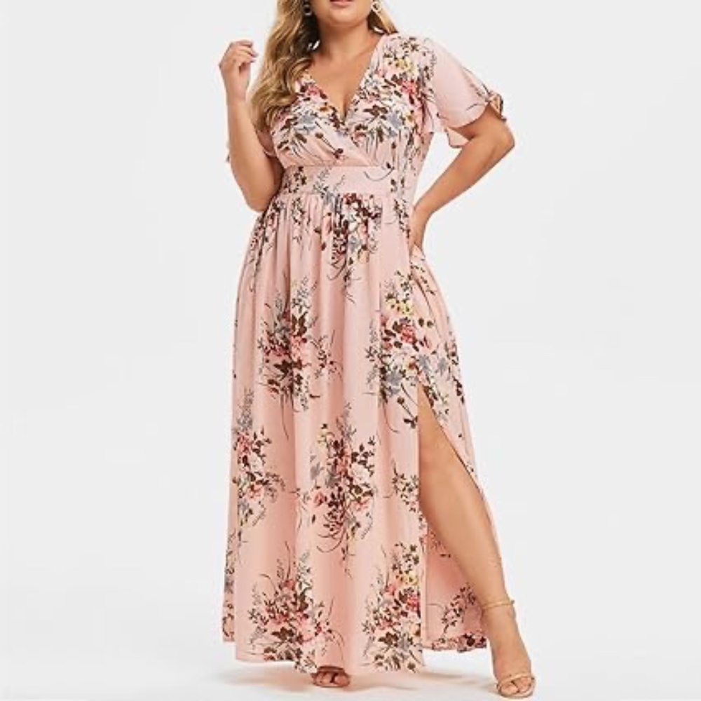 UOFOCO Women's Casual Plus Size Slash Neck Short Sleeve Boho Printed Waist Split